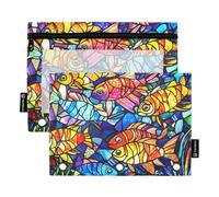 Stained Glass Colorful Fish Binder Organizer kit with Clear Window Zippered Pencil case with Zipper Reinforced Grommets 3 Ringing Pencil case for Office School Supplies Cosmetics Multicolored 2