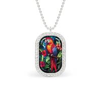 Stained Glass Colorful Parrot Tropical Flowers Rectangle Pendant Necklace Silver Women Jewelry Alloy Keychain Tag Jewelry