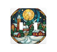 Stained Glass Cozy Winter Village at Night Double Gang Toggle Light Cover Wall Plate Switch Decor Standard Size - 11.4x11.4cm