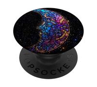 Stained Glass Crescent Moon Design with Celestial Night Sky PopSockets Adhesive PopGrip