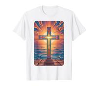 Stained Glass Cross at Sunrise Value Graphic T-Shirt, Men, White, XL