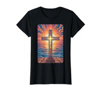 Stained Glass Cross at Sunrise Value Graphic T-Shirt, Women, Black, XL