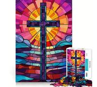 Stained Glass Cross Jigsaw Puzzles for Adults 1000 Pieces Brain Challenge Toy Quiet Fun Precise Cut Wall Art Decor (38x52cm)