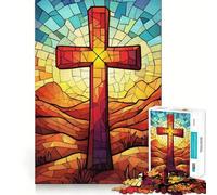 Stained Glass Cross Jigsaws 1000 Pieces for Adults Brain Challenge Toy Peaceful Time Clear Cut Art Collectible (50x75cm)