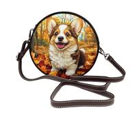 Stained Glass Cute Corgi Autumn Leaves Women Round Crossbody Bags Leather Sling Bag Purse