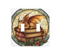 Stained Glass Cute Sleeping Dragon Ancient Books Double Gang Toggle Light Cover Wall Plate Switch Decor Standard Size - 11.4x11.4cm