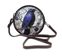 Stained Glass Dark Blue Raven Gothic Women Round Crossbody Bags Leather Sling Bag Purse