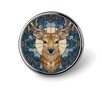 Stained Glass Deer Head Holly Mistletoe Round Brooch for Men Women Fashion Badge Collar Pin Dress Jacket Backpack Accessories
