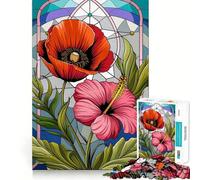 Stained Glass Design ︰ Poppy And Hibiscus Harmony Jigsaw Puzzles for Teenagers 1000 Piece Raise Memory Leisure Time Clean Edge Lovely Present (50x75cm)
