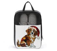 Stained Glass Dog Wearing Santa Hat Shoe Bag for Travel Daily Use Anti-dust Storage Carrier Golf Shoe Pouch