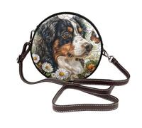 Stained Glass Dog White Flower Women Round Crossbody Bags Leather Sling Bag Purse