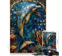 Stained Glass Dolphin 1000 Piece Jigsaw Puzzles for Adults Jigsaw Thought Toy Indoor Fun Accurate Edge Art Collectible (38x52cm)