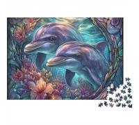 Stained Glass Dolphin Artwork Jigsaw Puzzles Puzzles for Adults Kids. 1000 Pieces Whimsical Challenge Toy Educational Game Home Decoration for Educational Games Gifts 52x38cm/1000pcs