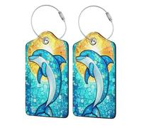 Stained Glass Dolphin Leaping Luggage Tag for Suitcase 2 Pack Leather Luggage Tag with Privacy Flap Name Id Label and Metal Loop for Women Men Travel