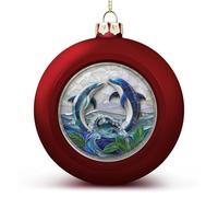 Stained Glass Dolphins Playing in The Waves Christmas Ball Ornaments Shatterproof Hanging Xmas Balls for Christmas Tree Decoration Red Xmas Tree Balls for Holiday Wedding Party