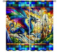 Stained Glass Dragon Castle Abstract Geometry Window Curtains,Fantasy Art Animal Dragon Castle Abstract Geometry Thermal Insulated Curtains for Bedroom Living Room Kitchen Set 2 Panels,42x63 Inches