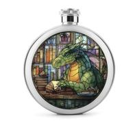 Stained Glass Dragon Reading A Book Stainless Steel Hip Flask for Liquor, Round Pocket Portable Wine Flask for Drink 5 Oz