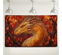 Stained Glass Dragon Wall Backdrop, Autumn Leaf Fantasy Decoration for Photography, Vibrant Indoor/Outdoor Party Background Supplies 71x43 Inch