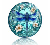 Stained Glass Dragonfly & Magnolia - Elegant Metal Sign Artistic Aluminum Wall Decor for Bedroom, Entryway, Sunroom, Bathroom, Tea Room, 8x8 Inches (26139)