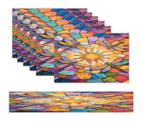 Stained Glass Dragonfly Placemats Set of 7 Exquisite Linen Table Mat Seven Piece Set Includes 13"x71" Fashion Table Runner and 12"x18" Place Mat Decor for Kitchen Dining Room