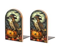 Stained Glass Eagle Witch on Pumpkin Wooden Bookends Shelves 2 PCS Sturdy Book Holders Desktop Organizer for Home Office Libraries
