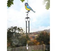 Stained Glass Effect Blue Tit Wind Chime - Bird Chime with Crystal dropper - Wall Melody Music Decor Garden Ornament - Gifts for Mum