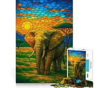 Stained Glass Elephant at Sunset Jigsaw Puzzles for Adults 1000 Piece Memory Boost Cozy Time Pattern Assembly Santa Wish List (38x52cm)