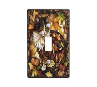 Stained Glass Fall Cat Switch Cover Wall Plate 1 Gang Single Toggle, Autumn Pumpkin Maple Leaf Electrical Faceplate for Bedroom Bathroom Decor, Cool Standard Size Switchplate