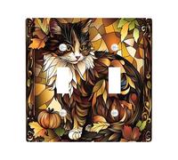 Stained Glass Fall Cat Switch Cover Wall Plate 2 Gang Double Toggle, Autumn Pumpkin Maple Leaf Electrical Faceplate for Bedroom Bathroom Decor, Cool Standard Size Switchplate