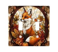 Stained Glass Fall Fox Switch Cover Wall Plate 2 Gang Double Toggle, Autumn Pumpkin Maple Leaf Electrical Faceplate for Bedroom Bathroom Decor, Cool Standard Size Switchplate
