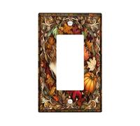 Stained Glass Fall Hedgehog Switch Cover Wall Plate 1 Gang Single Rocker, Autumn Pumpkin Maple Leaf Electrical Faceplate for Bedroom Bathroom Decor, Cool Standard Size Switchplate