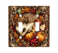 Stained Glass Fall Hedgehog Switch Cover Wall Plate 2 Gang Double Toggle, Autumn Pumpkin Maple Leaf Electrical Faceplate for Bedroom Bathroom Decor, Cool Standard Size Switchplate