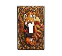 Stained Glass Fall Red Panda Decorative Switch Cover Plate 1 Gang Single Toggle, Autumn Pumpkin Maple Leaf Electrical Faceplate for Bedroom Bathroom Decor, Cool Standard Size Switchplate