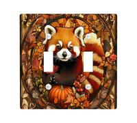 Stained Glass Fall Red Panda Decorative Switch Cover Plate 2 Gang Double Toggle, Autumn Pumpkin Maple Leaf Electrical Faceplate for Bedroom Bathroom Decor, Cool Standard Size Switchplate