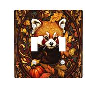 Stained Glass Fall Red Panda Switch Cover Wall Plate 2 Gang Double Toggle, Autumn Pumpkin Maple Leaf Electrical Faceplate for Bedroom Bathroom Decor, Cool Standard Size Switchplate