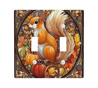 Stained Glass Fall Squirrel Decorative Switch Cover Plate 2 Gang Double Toggle, Autumn Pumpkin Maple Leaf Electrical Faceplate for Bedroom Bathroom Decor, Cool Standard Size Switchplate