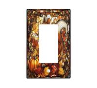 Stained Glass Fall Squirrel Switch Cover Wall Plate 1 Gang Single Rocker, Autumn Pumpkin Maple Leaf Electrical Faceplate for Bedroom Bathroom Decor, Cool Standard Size Switchplate