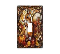Stained Glass Fall Squirrel Switch Cover Wall Plate 1 Gang Single Toggle, Autumn Pumpkin Maple Leaf Electrical Faceplate for Bedroom Bathroom Decor, Cool Standard Size Switchplate