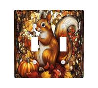 Stained Glass Fall Squirrel Switch Cover Wall Plate 2 Gang Double Toggle, Autumn Pumpkin Maple Leaf Electrical Faceplate for Bedroom Bathroom Decor, Cool Standard Size Switchplate
