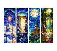 Stained Glass Fantasy Bookmarks 4-Pack - Transparent PVC Suncatcher Bookmark Set, Gothic Castle Moon Forest Window Design, Reading Accessories for Fantasy Readers, Art Bookish Gifts