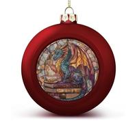 Stained Glass Fantasy Dragon on Old Books Christmas Ball Ornaments Shatterproof Hanging Xmas Balls for Christmas Tree Decoration Red Xmas Tree Balls for Holiday Wedding Party