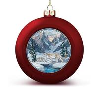 Stained Glass Fantasy Majestic Snow Leopard Christmas Ball Ornaments Shatterproof Hanging Red Xmas Tree Balls for Christmas Tree Decoration Holiday Wedding Party