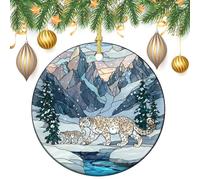 Stained Glass Fantasy Majestic Snow Leopard Christmas Tree Hanging Ornaments,2 Pieces, 7.2CM Round Double-Sided