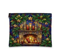 Stained Glass Fireplace Holiday Theme Christmas Makeup Bag 7x9 Inch | Stained Glass Art, Makeup Zipper Pouch, Fireplace Motif, Candle Light, Holiday Decor, Travel Organizer