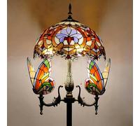 Stained Glass Floor Lamp Standing Lamp with Butterfly Night Light, 65" Tall,Vintage Resin Base Reading Light for Bedroom Living Room Office