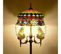 Stained Glass Floor Lamp Standing Lamp with Butterfly Night Light, 65" Tall,Vintage Resin Base Reading Light for Bedroom Living Room Office