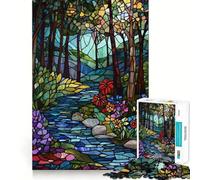 Stained Glass Forest Stream Jigsaw Puzzles for Teenagers 1000 Pieces Raise Memory Slow Enjoy Clean Edge (50x75cm)