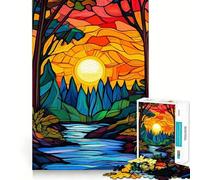 Stained Glass Forest Sunset Jigsaw Puzzles for Adults 1000 Piece Memory Boost Cozy Time Pattern Assembly Santa Wish List (50x75cm)