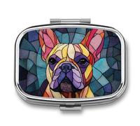 Stained Glass French Bull Dog Pill Box 2 Compartment Portable Medicine Pill Case Travel Pill Organizer for Pocket Purse