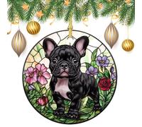 Stained Glass French Bulldog Puppy Christmas Tree Hanging Ornaments,2 Pieces, 7.2CM Round Double-Sided